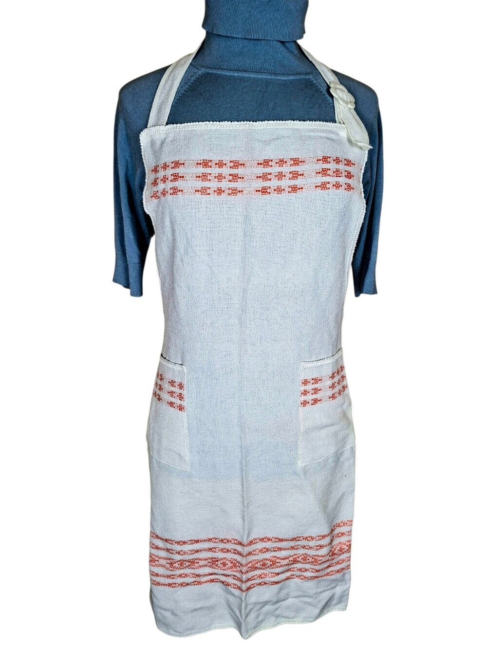 Vintage Hand Woven White Apron 2 Front Pockets Handmade Cottagecore